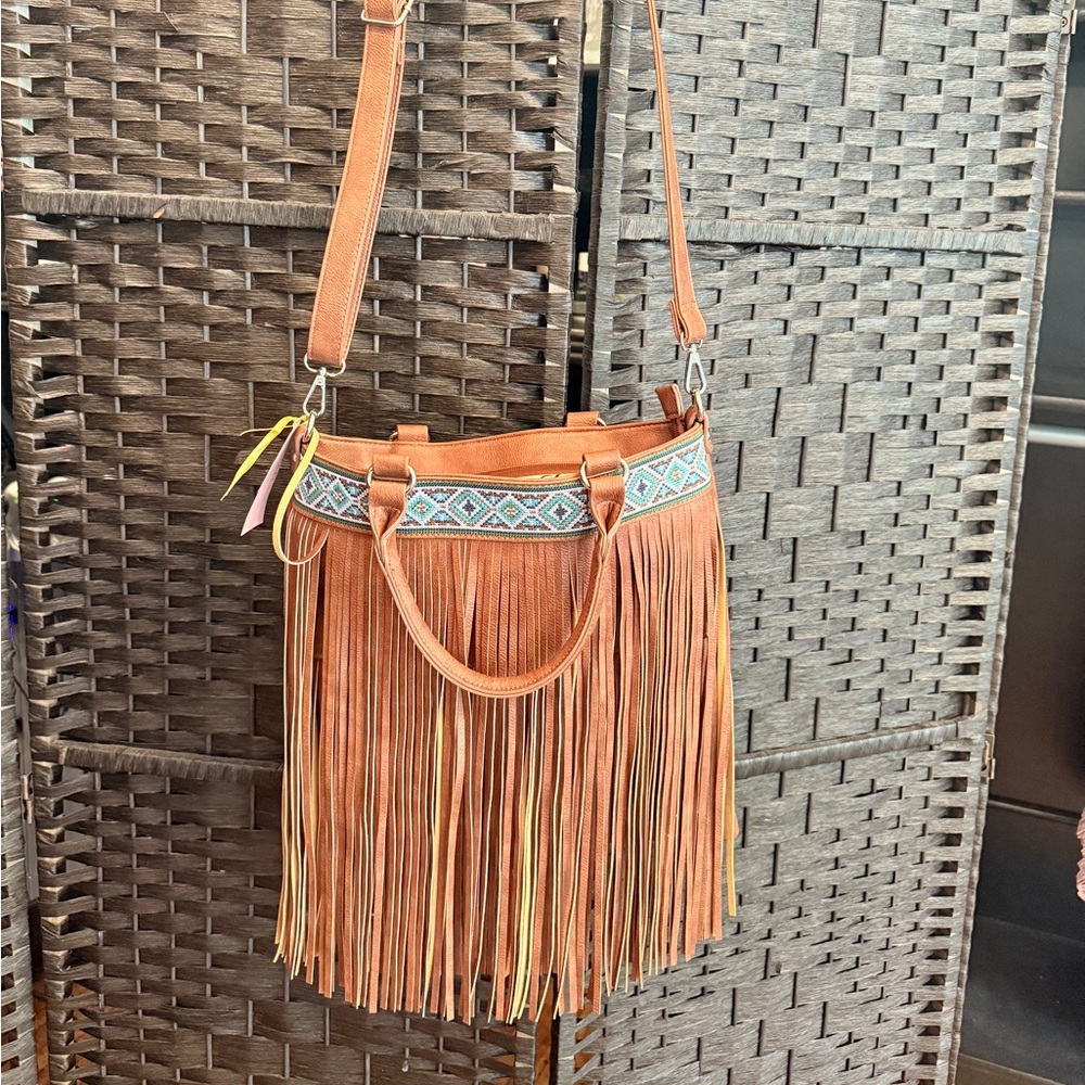 Vegan Leather Fringe Chestnut Shoulder Bag never used